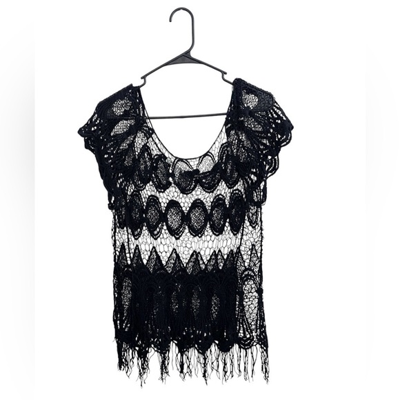 Tops - Y2K Black Cotton Crochet Fringe Top Boho Festival Summer Medium